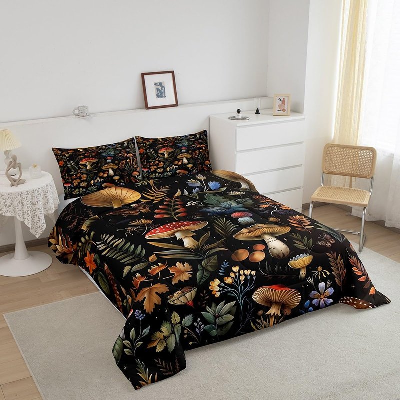 Feelyou Wild Mushroom Bed Comforters Set Twin Size,Burgundy Plant Fallen Leaves Super Soft Microfiber Bedding Set for Girls Boys,Botanical Plant Decorative Comforter Set,1 Pillowcase