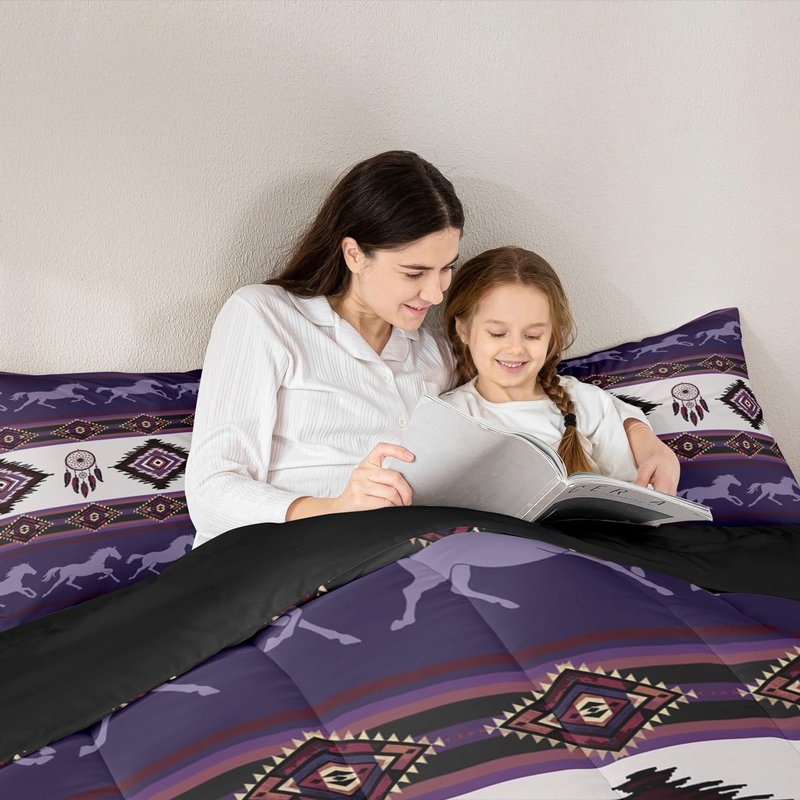 Castle Fairy Boho Aztec Kids Comforter Set Twin Size,Southwest Native Tribal Exotic Reversible Bedding Sets for Teens Bedroom Decor,American Ethnic Purple Horse Quilted Duvet,1 Pillowcase