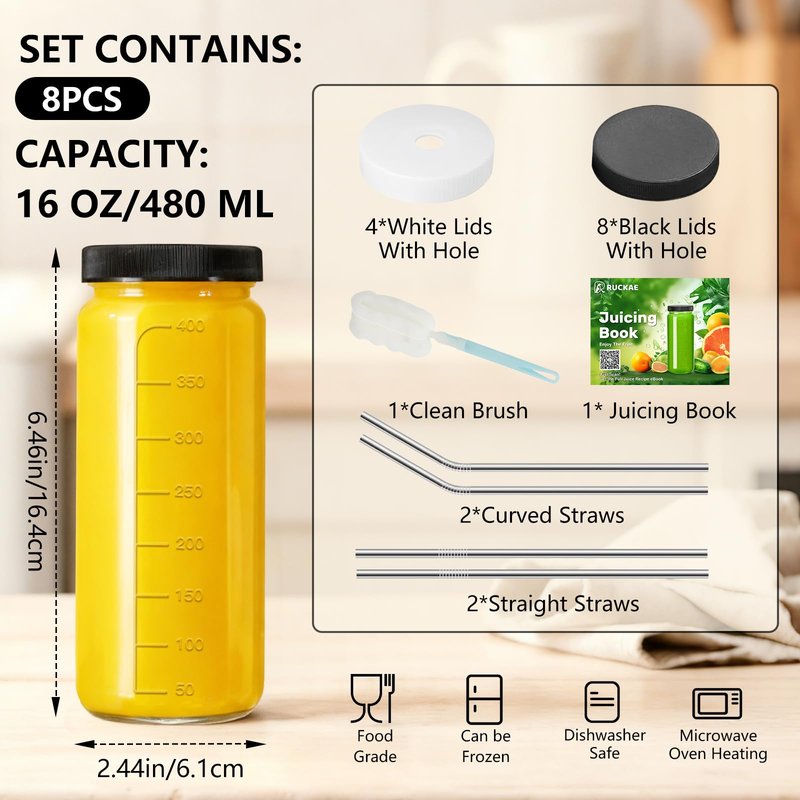 Ruckae 16oz 8 Pack Juice Bottles, Glass Bottles Juicing with Lids, Smoothie Cup Lids and Straws, Water Bottle Mason Jar Drinking Glasses for Juicing, Smoothies, Kombucha