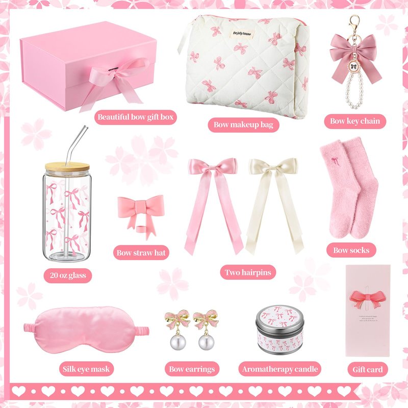 Skylety Pink Bow Gift Baskets for Teen Girls, Women Mothers Day Gifts Trendy Stuff Coquette Bow Teen Girl Birthday Self Care Box Gift for Her, Sister Friend Women Sweet 16th 18th 21st Box