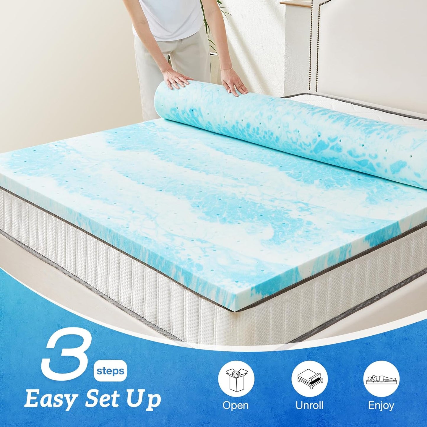 Sweetcrispy Memory Foam Mattress Topper - 3 Inch Gel-Infused Cooling Pad for Twin XL Beds | CertiPUR-US Certified