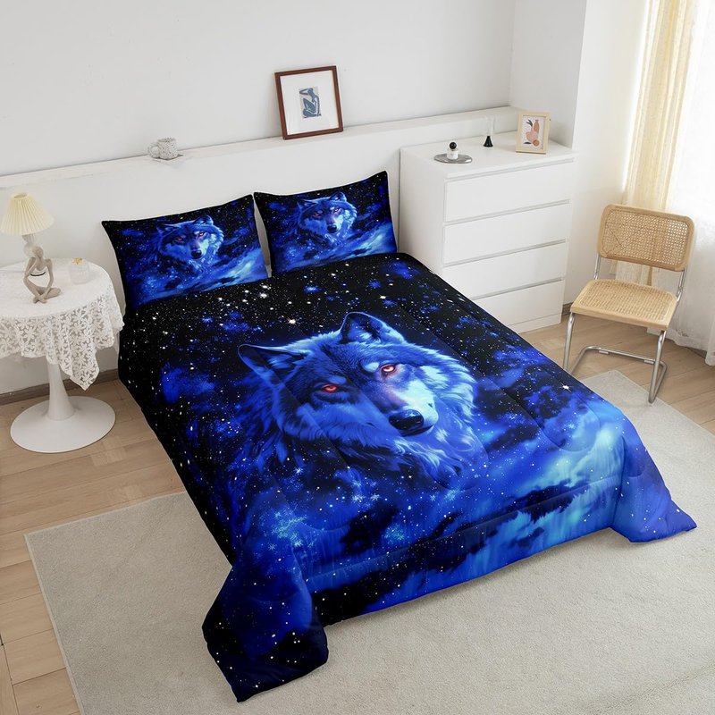 Feelyou Wolf Comforter Set Twin Size Wolves Howling Comforter for Boys Girls Teens Animal Wolves Bedding Set Mountain Moon Wolf Duvet Set Room Decor Ocean Blue Quilt Set