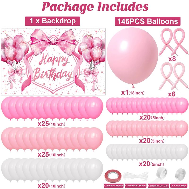 Jumpama 146Pcs Pink Bow Birthday Decorations Coquette Birthday Party Decorations Pink Bow Backdrop Coquette Banner and Balloons for Girls Women Baby Shower Bachelorette Party Supplies