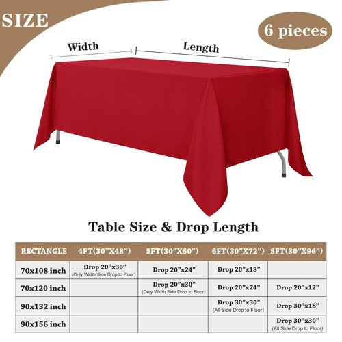 Fitable Elegant Red Rectangle Table Clothes, 6 Pack - 90 x 132 Inch - Reusable and Washable Tablecloths, Polyester Fabric Table Covers for Wedding, Party, Banquet, Formal Events