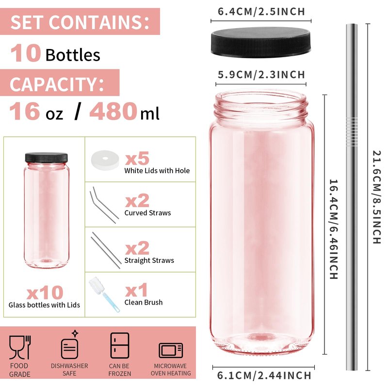 Ruckae Green 16oz 10 Pack Juice Bottles, Glass Bottles Juicing with Lids, Smoothie Cup Lids and Straws, Water Bottle Mason Jar Drinking Glasses for Juicing, Smoothies, Kombucha