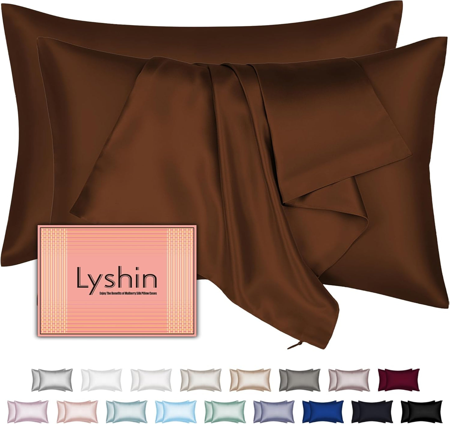Skiennix Silk Pillowcases - 2 Pack Queen Size with Hidden Zipper | Mulberry Silk for Hair & Skin - Brown