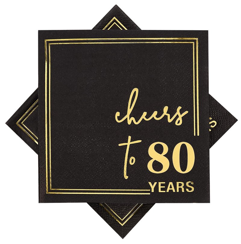 50 Count Black and Gold 80th Birthday Cocktail Napkins 5x5 Inch - Cheers to 80 Years 3-Ply Disposable Party Napkins for Anniversary, Wedding - Elegant Foil Accent Indoor Outdoor Celebrations