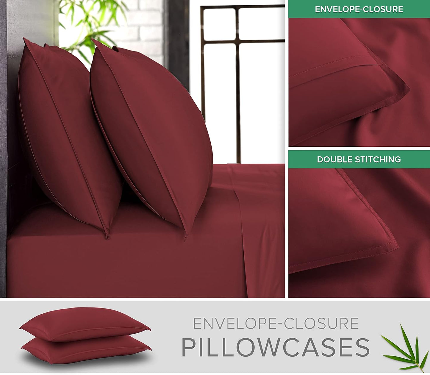 Pure Bamboo Full Bed Sheet Set - 100% Organic Viscose, Luxuriously Soft & Cooling | Merlot Color, Double Stitching
