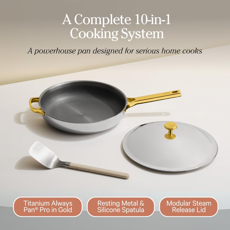 Our Place Titanium Always Pan Pro | 10.6" PFAS-Free Nonstick Frying Pan with Spatula | Chef-Grade Tri-Ply Stainless Steel & Aluminum Build | Induction & Oven-Safe up to 750°F | Gold