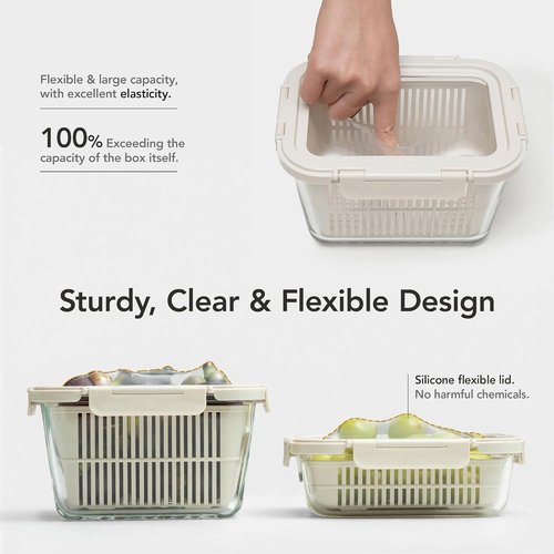 GENICOOK Glass Produce Storage Containers - Airtight 2-Pack for Fruits & Vegetables | BPA-Free Borosilicate Glass with Colanders