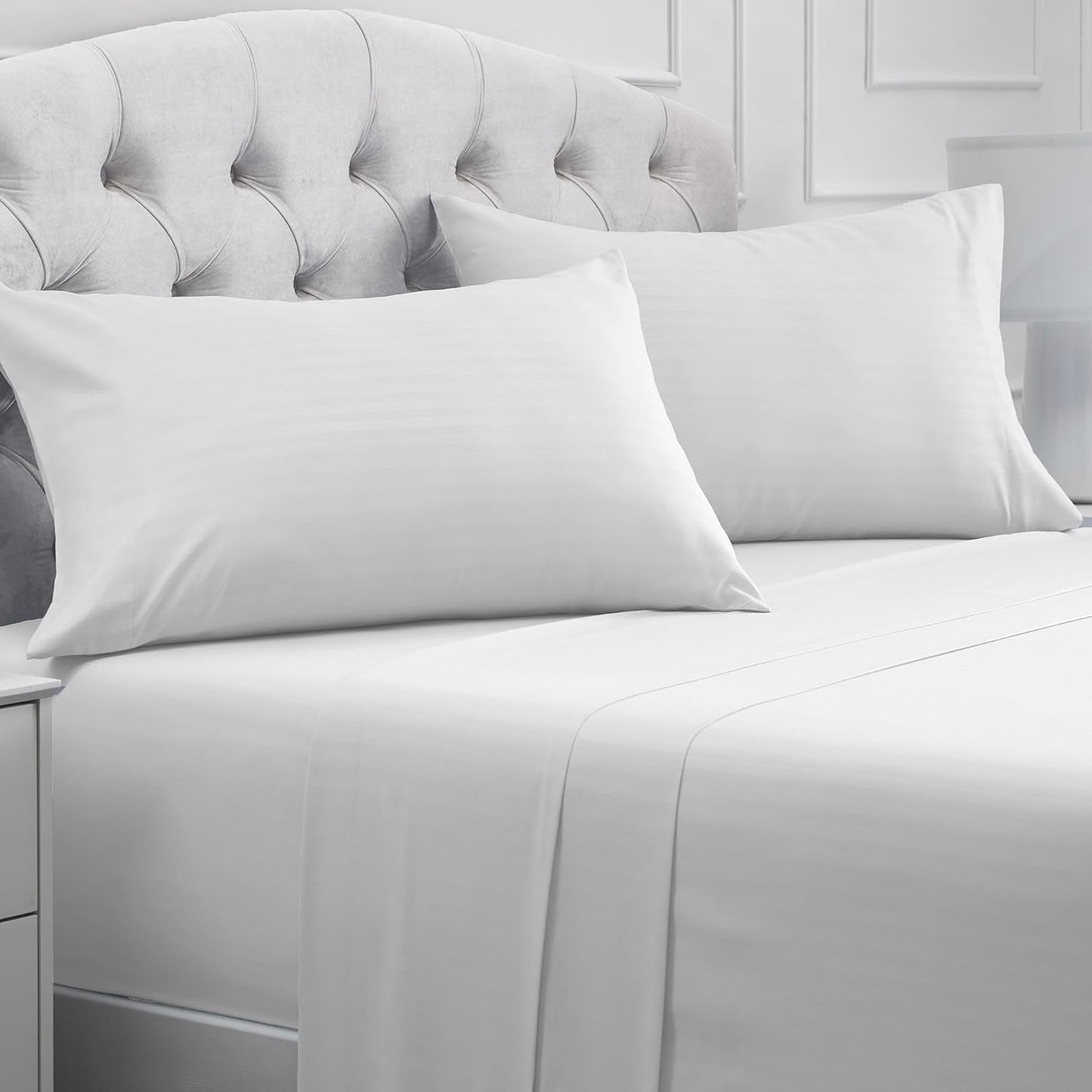 Mellanni Queen Sheets Set - 4 PC Hotel Luxury Bedding | Extra Soft, Cooling, Wrinkle-Resistant (Striped White)
