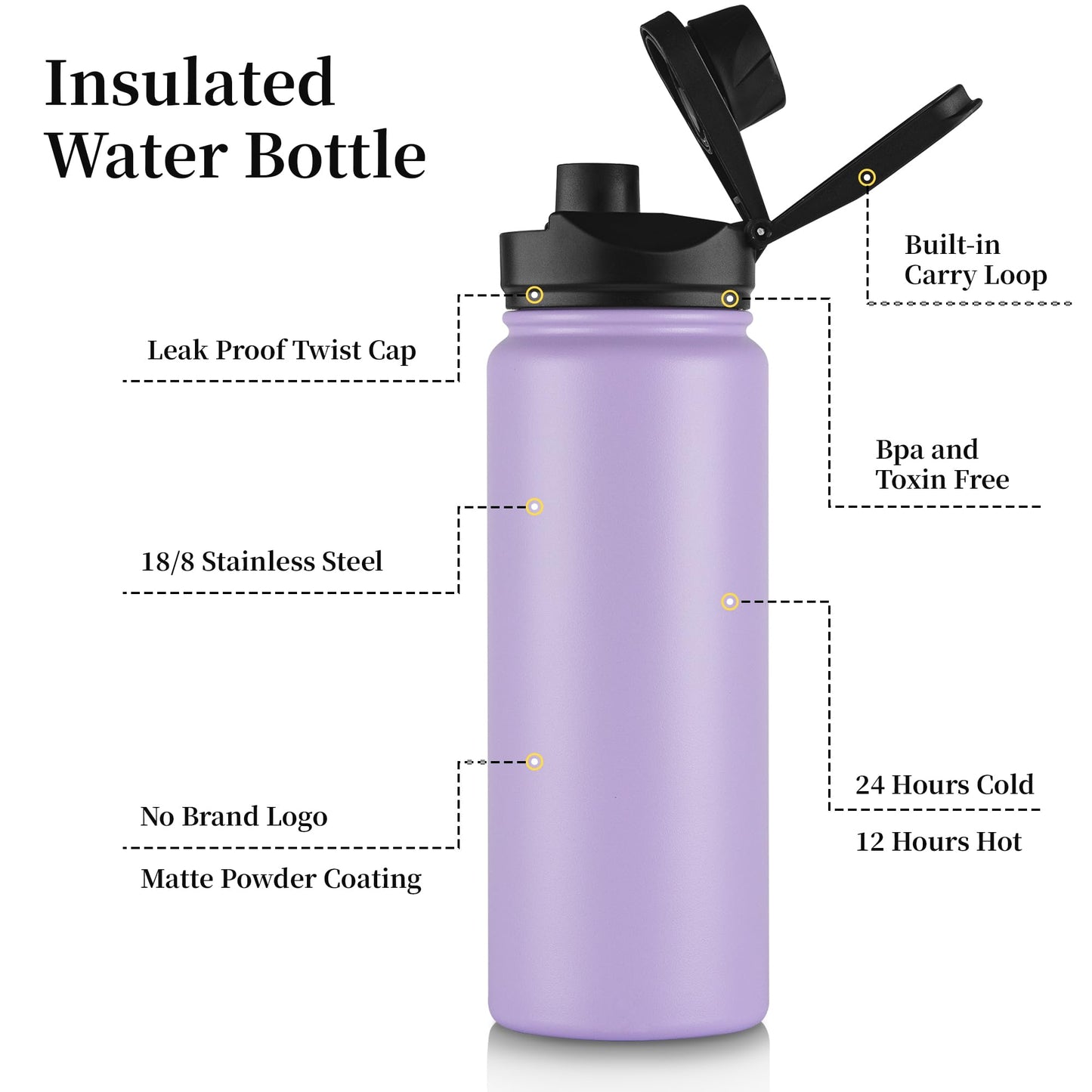 VQRRCKI 24 oz Insulated Water Bottle Bulk 8 Pack, Stainless Steel Sports Water Bottles with Straw Lid & Wide Mouth Lids, Double Walled Vacuum, Leak Proof, Purple