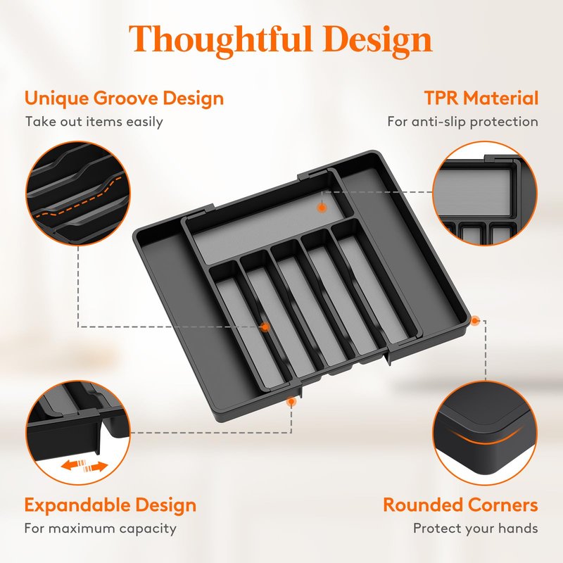 Lifewit Silverware Drawer Organizer, Expandable Utensil Tray for Kitchen, BPA Free Flatware and Cutlery Holder, Adjustable Plastic Storage for Spoons Forks Knives, 33 -57 x 42cm, Black and Gray
