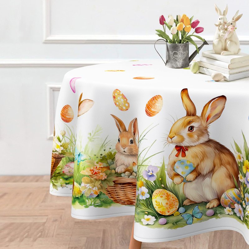 Roszwtit Spring Easter Tablecloth, Easter Eggs Bunny Floral Table Cloth Waterproof, Spring Easter Rabbit Flowers Kitchen Table Decor for Dining Holiday Party 60x60 Inch Round