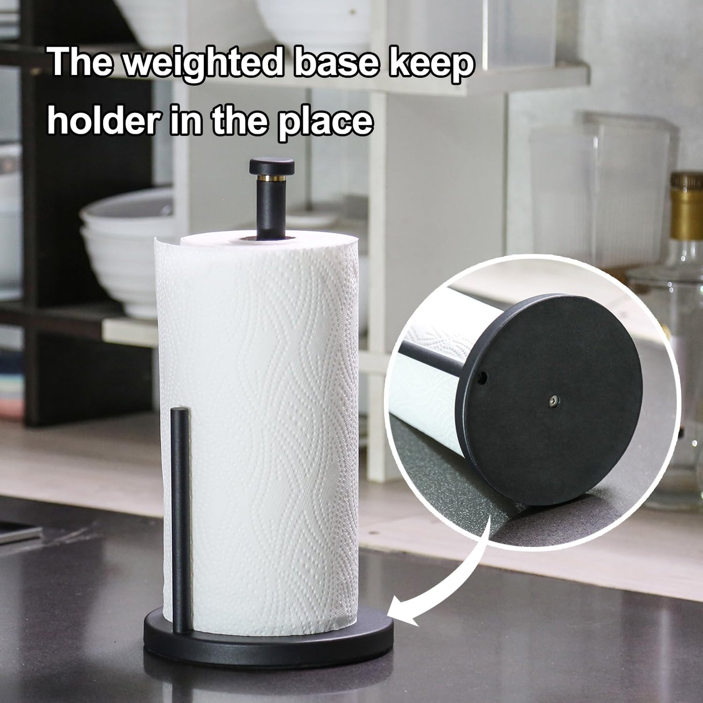 Paper Towel Holder Countertop, Standing Paper Towel Dispenser, Countertop Tabletop Non-Slip Kitchen Paper Towel Holder, Easy one-Hand Tear Paper roll Holder Stand with Ratchet System