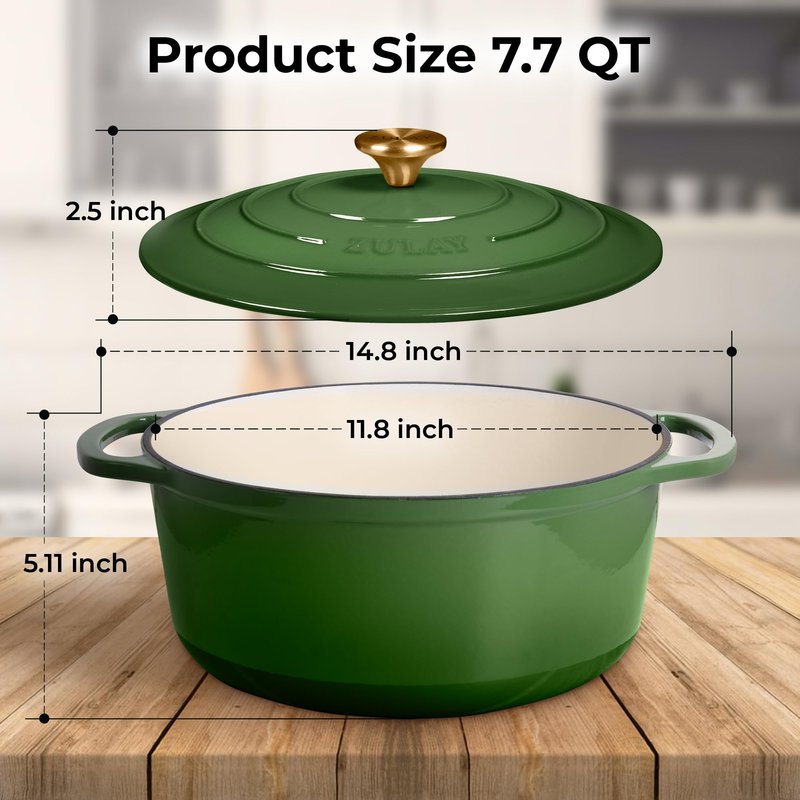 Zulay Kitchen 7.7 Quart Enameled Cast Iron Dutch Oven Pot with Lid – Premium Durability & Oven Safe up to 500°F – Heavy Duty Cookware Perfect for Bread Baking, Stews, Braising & Roasting – Green
