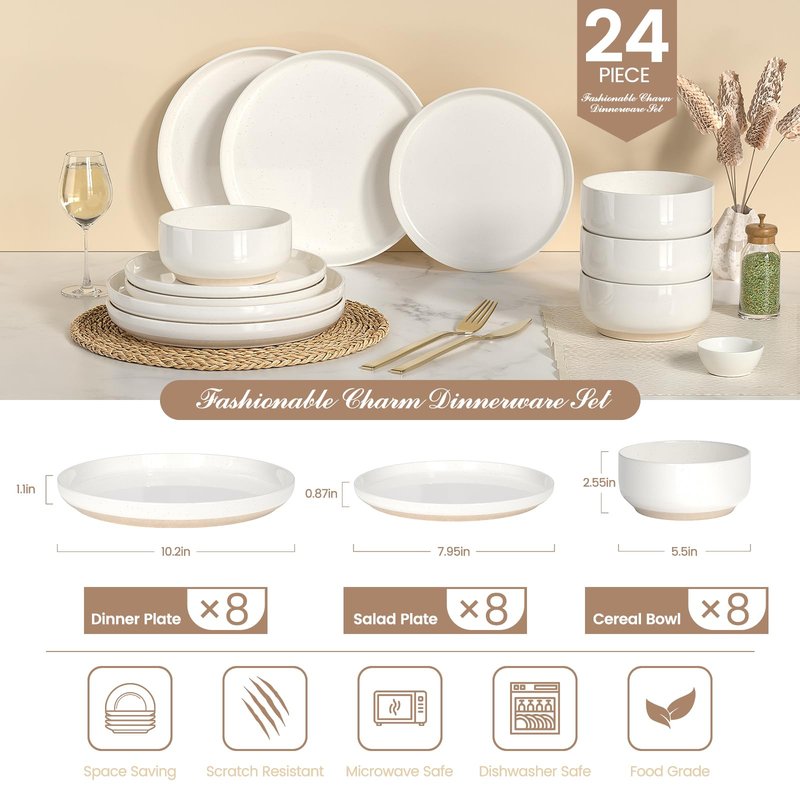 Plates and Bowls Sets, Scratch Resistant Dinnerware Sets for 8, 24 Pieces Porcelain Ceramic Dishware Dishes Set, Modern Stoneware Kitchen Dinner Set, Microwave and Dishwasher Safe, Cream White