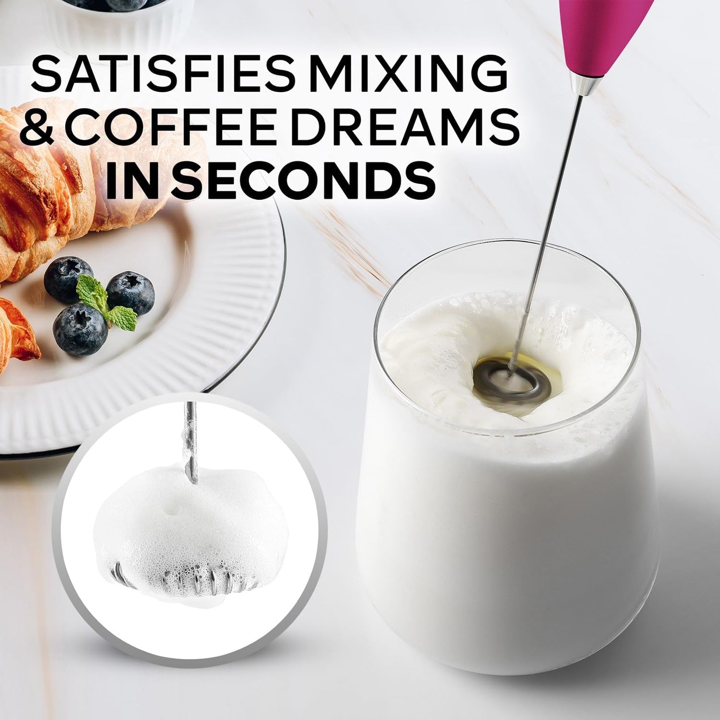 Zulay Kitchen Milk Frother Wand - Ultra-Fast Electric Whisk for Coffee, Lattes & More - Dragonfruit Color