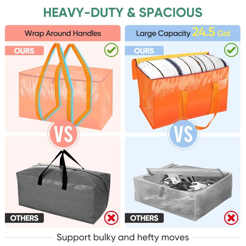 BALEINE 6-Pack Oversized Moving Bags with Reinforced Handles, Heavy-Duty Storage Tote for Clothes, Moving Supplies (Orange, 6-Pack)