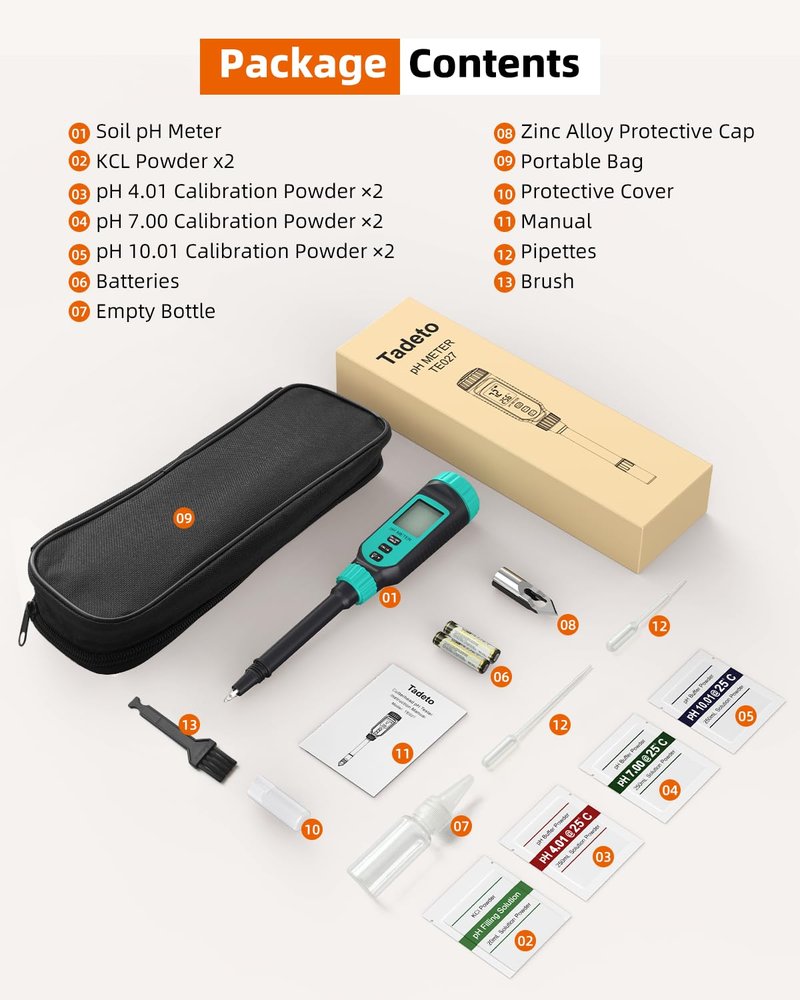 Tadeto Soil pH Tester, High Accuracy Digital pH Meter for Soil, Garden, Water, Plants, Solution and Food, Soil pH Test Kit with Thermometer LCD Display, Calibration Powder and Alloy Protective Cap