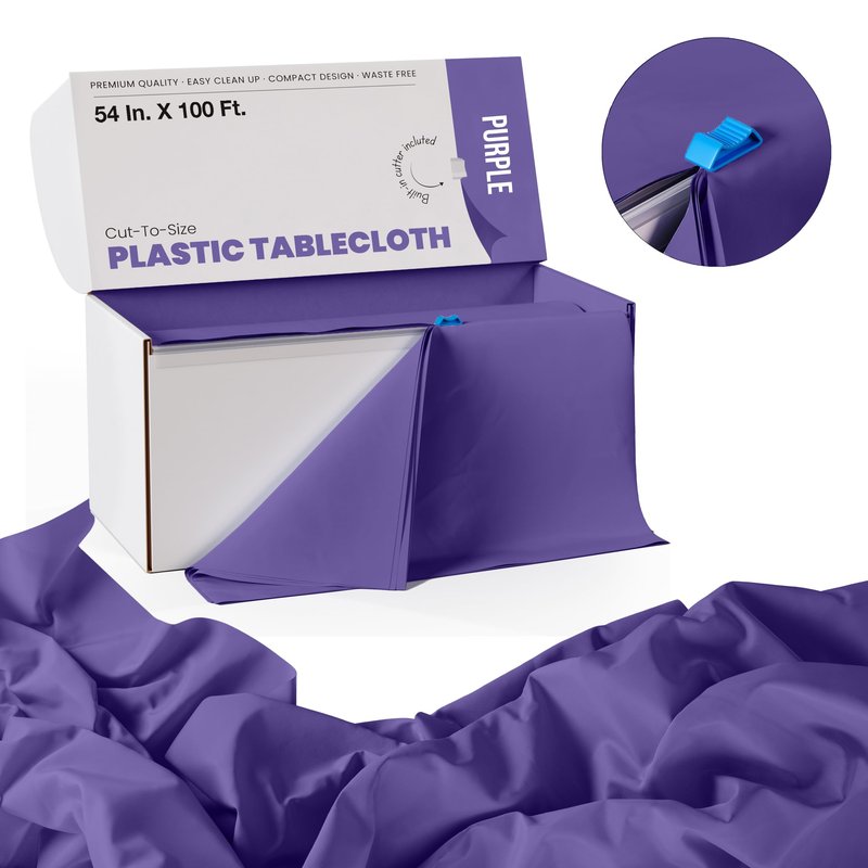 Party Solids 54 Inch X 100 Feet Purple Plastic Table Cover Roll in A Cut - to - Size Box with Convenient Slide Cutter. Cuts Up to 12 Rectangle 8 Feet Plastic Disposable Tablecloths