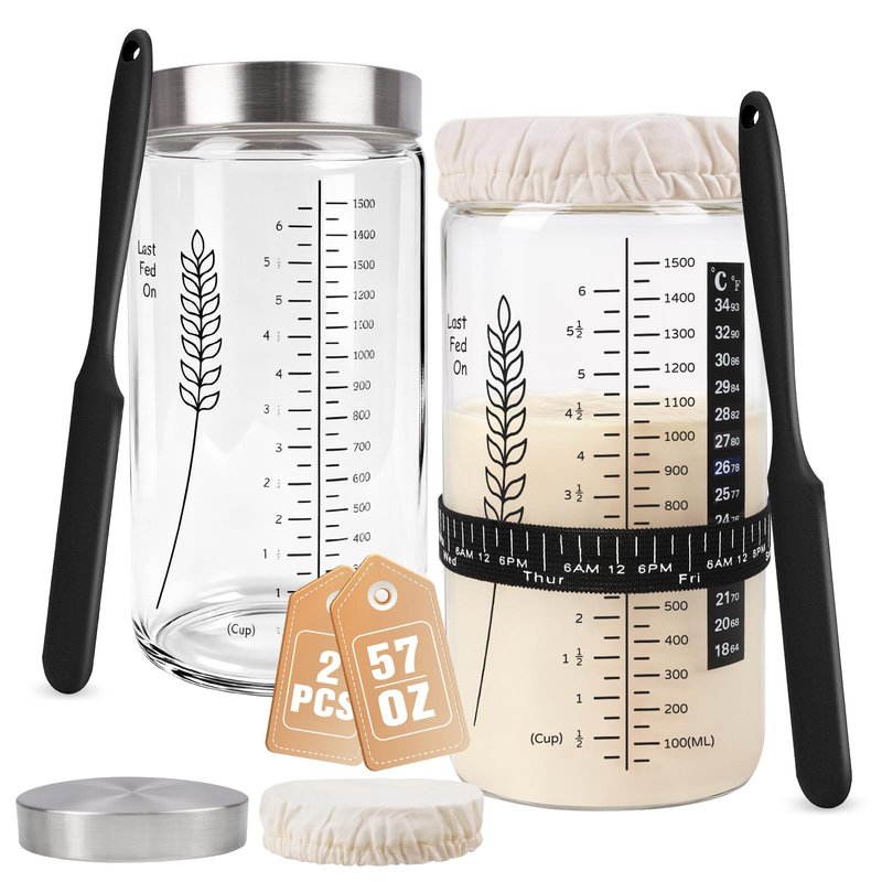 Rakovar Premium Sourdough Starter Jar Kit, 57oz Large Capacity Sourdough Jar, Sourdough Bread Starter Kit for Perfect Sour Dough Bread (Black, 2 Pack)