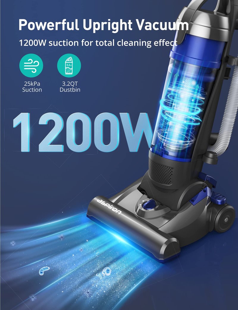 Upright Vacuum Cleaner, Aspiron 1200W 25kPa 5-Mode Bagless Vacuum Cleaner with Crevice Tool & Extension Wand,3L Dust Cup with HEPA Filter, Upright Vacuum for Carpet, Pet Hair,Hard Floor,Tile Particles