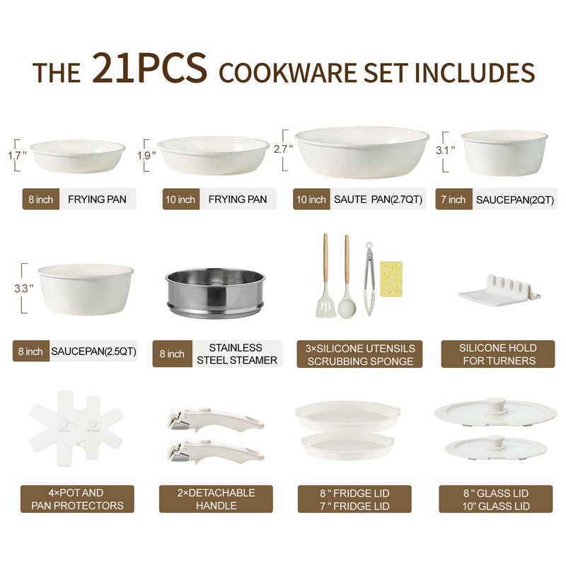 BECIGAR 21PCS Pots and Pans Set Ceramic, Pots and Pans Set Non Stick, Removable Handle, Stackable, Nonstick Cookware Set, Non Stick for Cooking