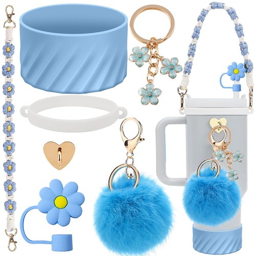 7PCS Accessories Set for Stanley Cup 40 oz 30oz, Including Protective Silicone Boot, Water Bottle Handle Strap, Keychain Charm, Heart Hook, Straw Cover Cap for Stanley Cup Accessories (Blue)