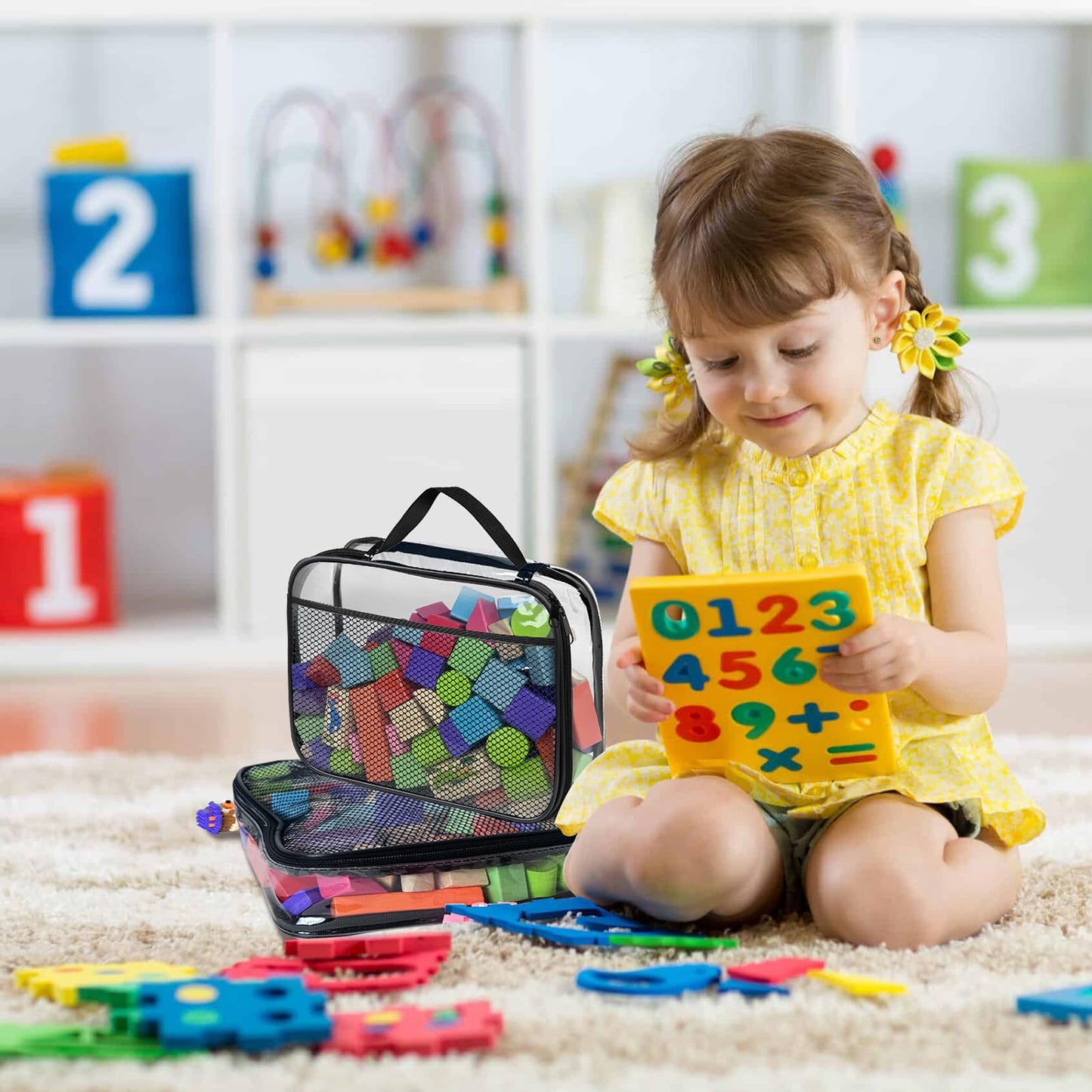 4 Pack PVC Toy Zippered Blocks, 11.8"X3" X9" Travel Storage Case Bags for Organizing, Waterproof Toy Storage Bags with Mesh Pockets for Building Blocks, Puzzles, Clays,Toy Cars