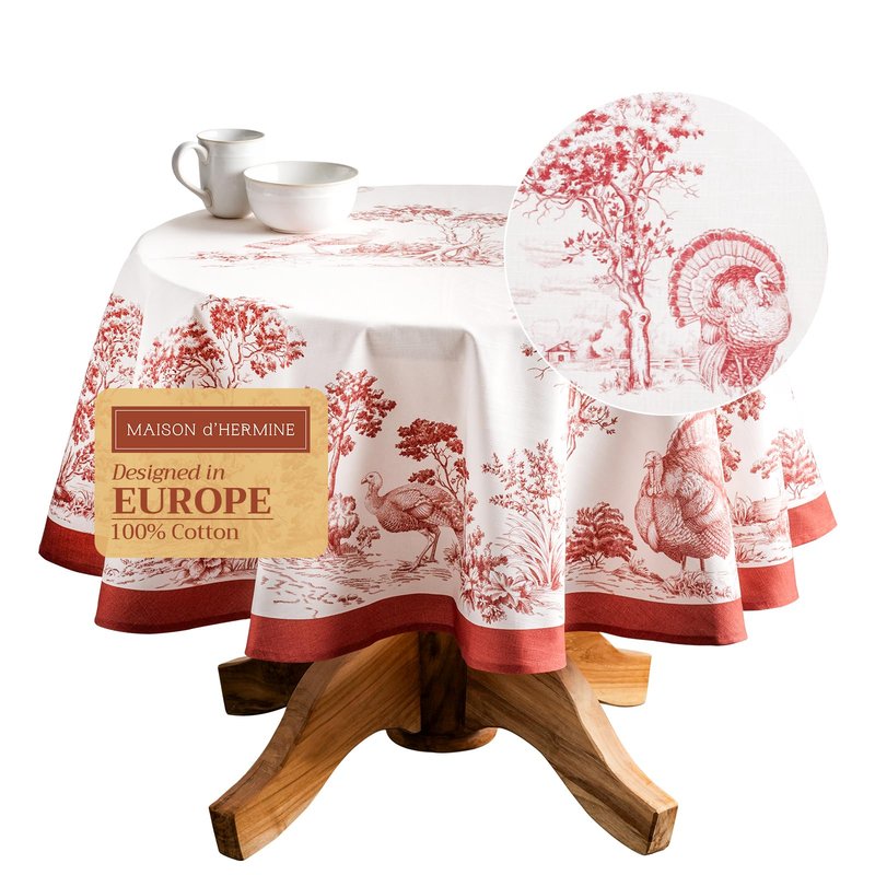 Maison d' Hermine Table Cloth Round Table 100% Cotton 69 Inches Fall Tablecloth Reusable Everyday Use for Thanksgiving Christmas Decorations Dining Farmhouse Party (Holy Jouy - Red)