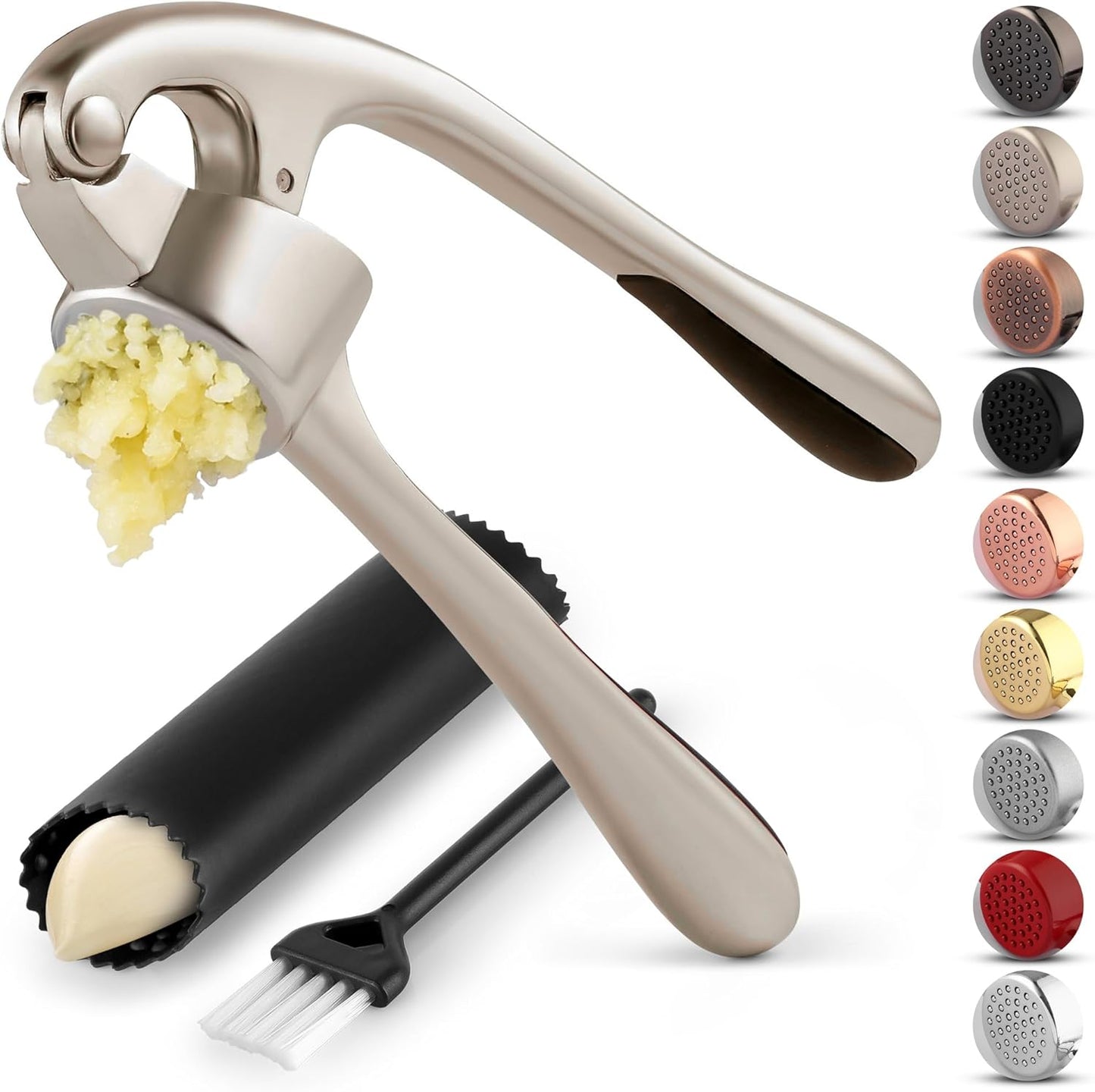 Zulay Kitchen Garlic Press Set - Rust-Proof Professional Mincer with Ergonomic Handle & Silicone Peeler | Easy-Squeeze, Easy-Clean (Silver)