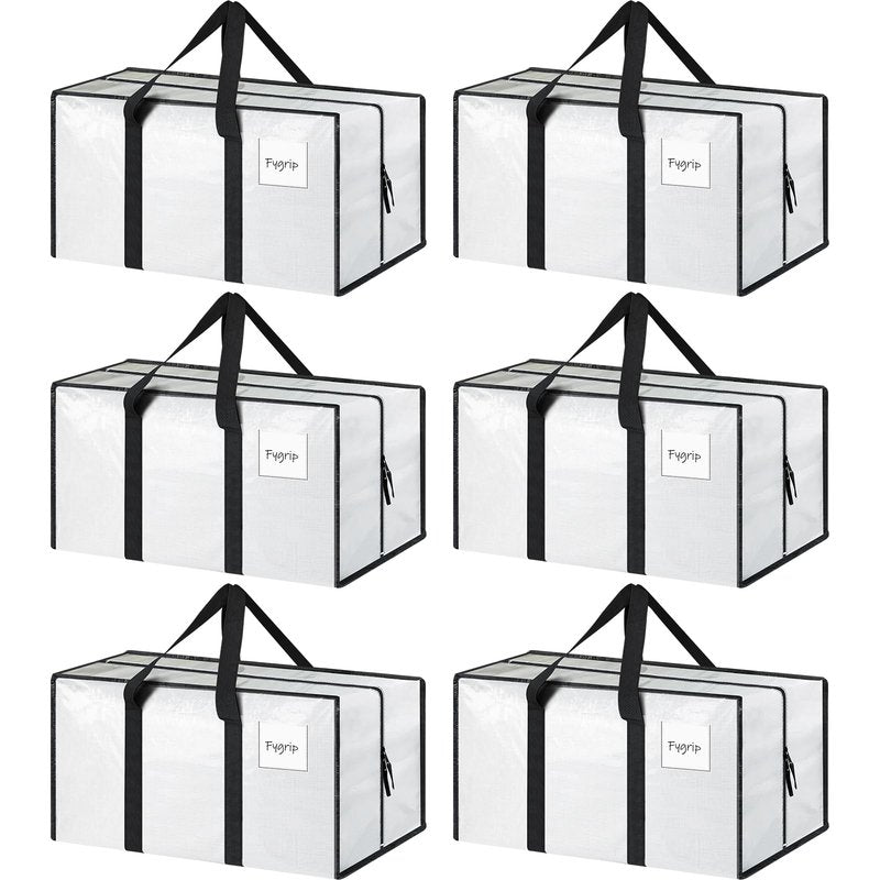 6 Pack Extra Heavy Duty Large Moving Bags with Strong Zipper & Comfortable Handles, Sturdy & Durable Clothes Storage Bags Totes Bins, Packing Moving Boxes for College Supplies, White