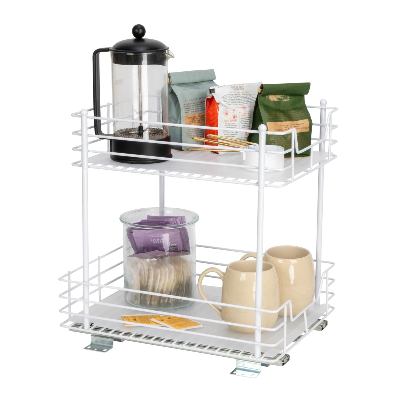 Household Essentials White Steel Two-Tier Pantry Organizer with Plastic Accents