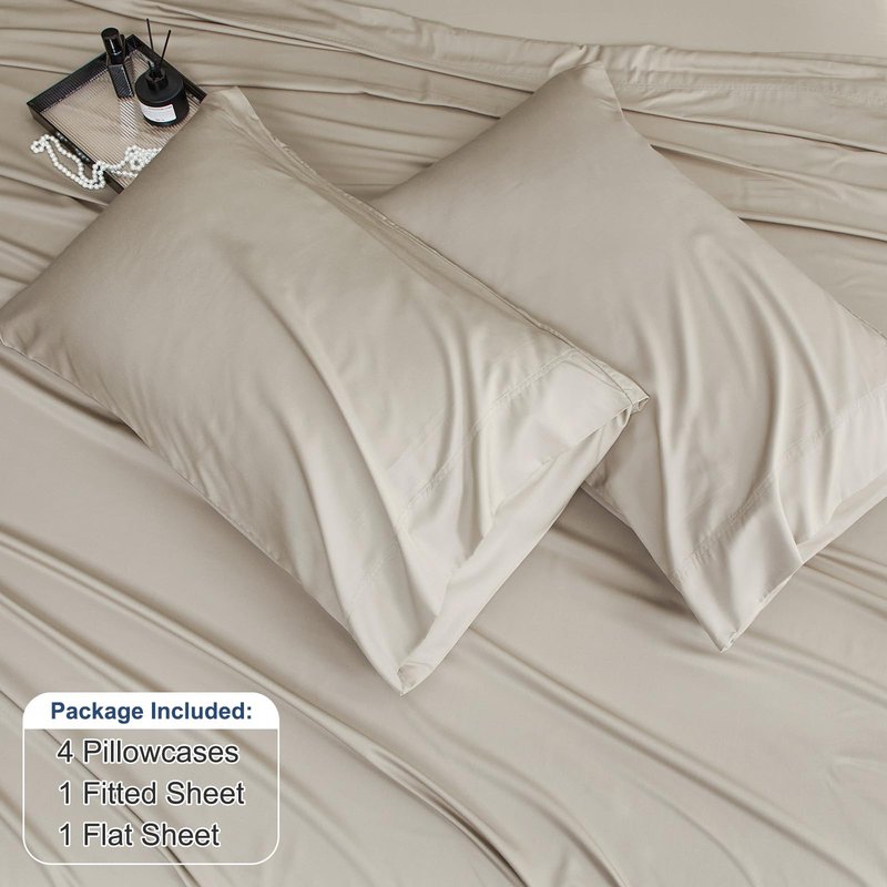 David's Home 6PCS Cooling Sheets Set Queen Size, 100% Rayon Derived from Bamboo, 16" Deep Pocket 2.5cm Wider Elastic, Luxury Silky Breathable for Hot Sleeper,Breathable Smooth Soft, Light Taupe