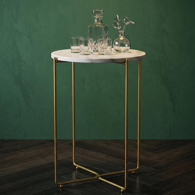 ALPOME Real Marble Side Table, No Assembly Required Round End Table for Living Room, 15" Modern Small Accent Bedside Table with Gold Metal Legs, Waterproof Nightstand for Sofa, Bedroom, White