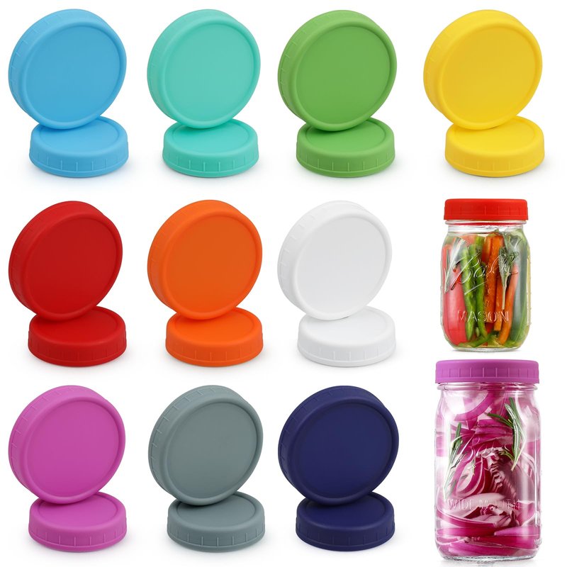 AOZITA 10 WIDE Mouth & 10 REGULAR Mouth Mason Jar Lids - 20 Pack Food Grade Plastic Mason Jar Caps for Ball, Kerr and More Canning Jars - Leakproof & Dishwasher Safe - Multicolor