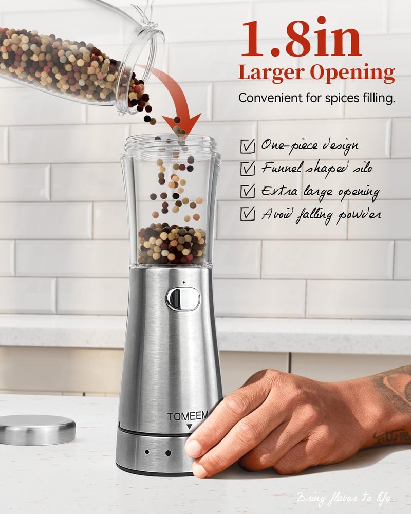 Electric Salt and Pepper Grinder Set with Storage Base, Stainless Steel Rechargeable Salt and Pepper Grinder Set with 4.5 oz Large Capacity, 1.8" Wide Mouth, Adjustable Coarseness, Ideal for Kitchen