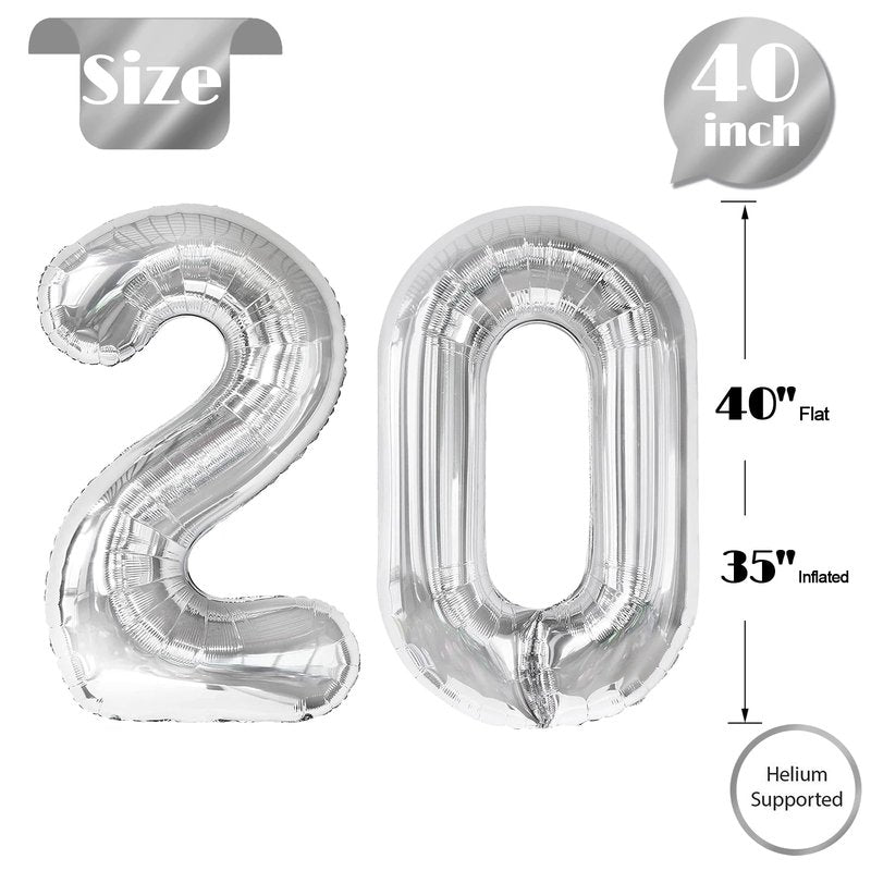 Silver Number 20 Balloon 40 inch, 20 Number Balloons, 20th Silver Birthday Decorations for Girls Boys Kids, 20 Year Old Silver Party Supplies