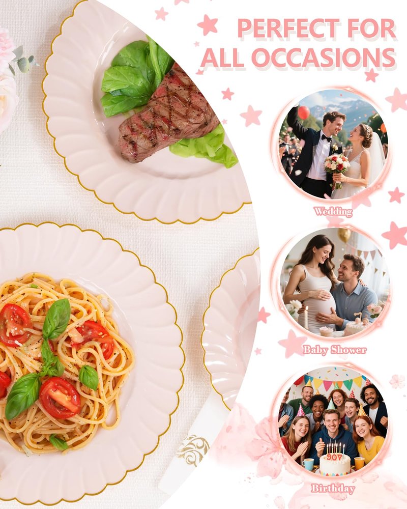 YOUBET 175PCS Pink Scalloped Plastic Plates - Gold Disposable Dinnerware Set Include 50 Plates, 75 Gold Silverware, 25 Cups, 25 Napkins for Party & Wedding & Baby Shower Mothers Day