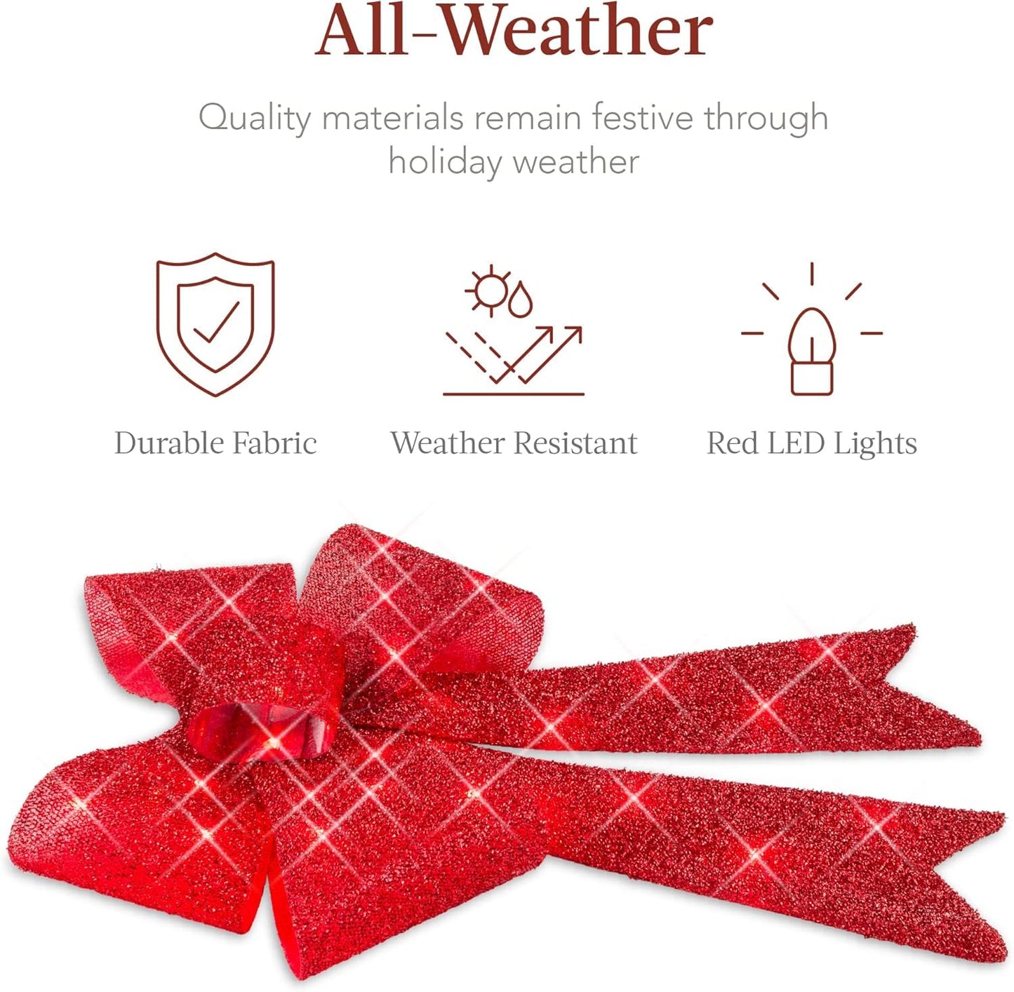 Pre-Lit Large XL Christmas Bow Decoration, Large Outdoor LED Holiday Yard Décor w/ 30 Lights, 8 Light Functions, Timer, Hanging Hook (Red)