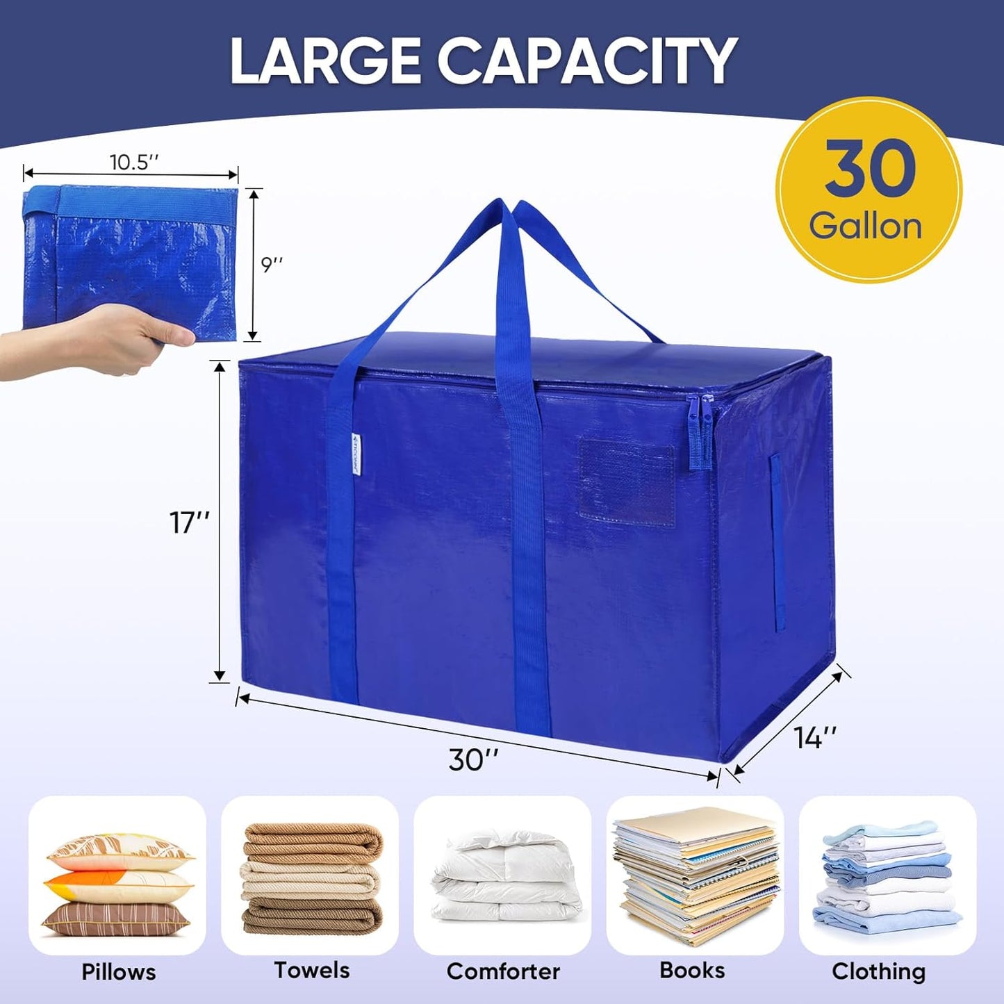 TICONN Extra Large Moving Bags - Heavy-Duty Storage Totes with Zippers & Handles | 30 Gallon, 6 Pack