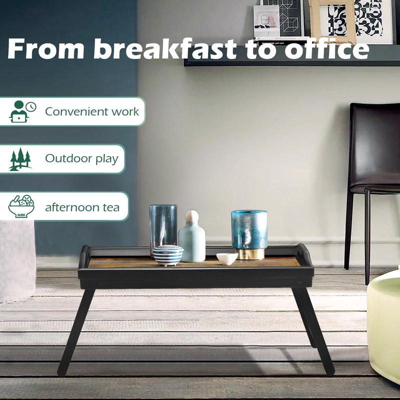 2 Pack Bamboo Bed Tray Table, Folding Legs and Handles, Breakfast Tray, Serving Tray with Groove for Phone Tablet, Laptop Desk for Bed or Sofa, Serving Tray for Eating, Working, Reading, Picnic