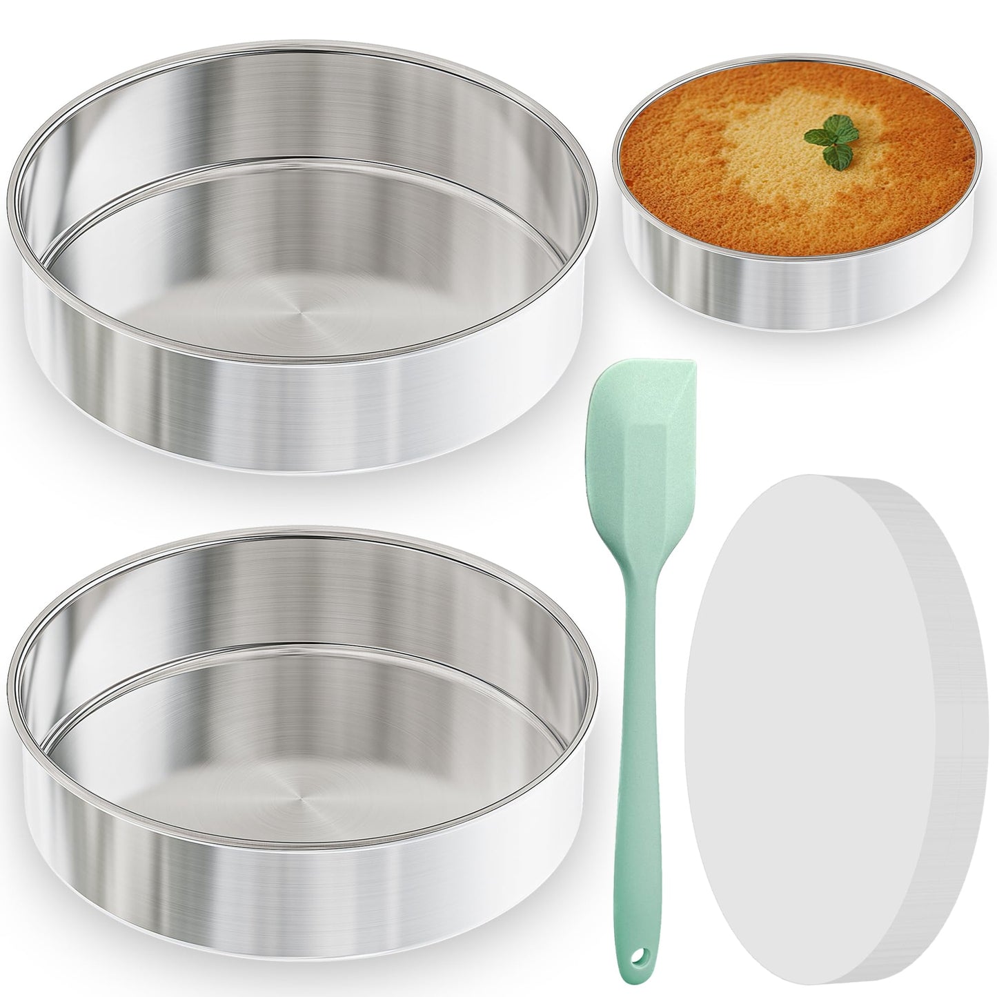 9½ Inch Cake Pan Set of 2, Nonstick Circle Stainless Steel Round Layer Cake Baking Pans Tins with 100PCS Parchment Paper for Birthday Christmas, Healthy & Non-Toxic, Silicone Spatula & Dishwasher Safe