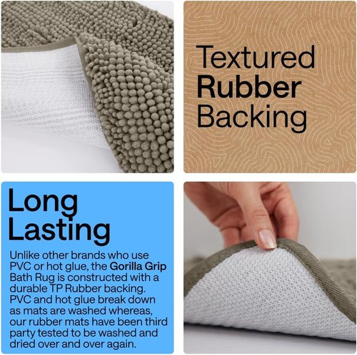Gorilla Grip Shaggy Chenille Bath Rug Mat - Plush Absorbent U-Shape Toilet Mat, 22" x 19" x 15", Latte