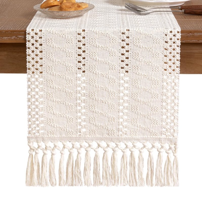 Socomi Boho Table Runner Macrame Summer Farmhouse Woven Cotton Linen Rustic Coffee Table Runner with Tassels for Dresser Scarf Home Decor Dining Room 12x90 inch Cream Ivory