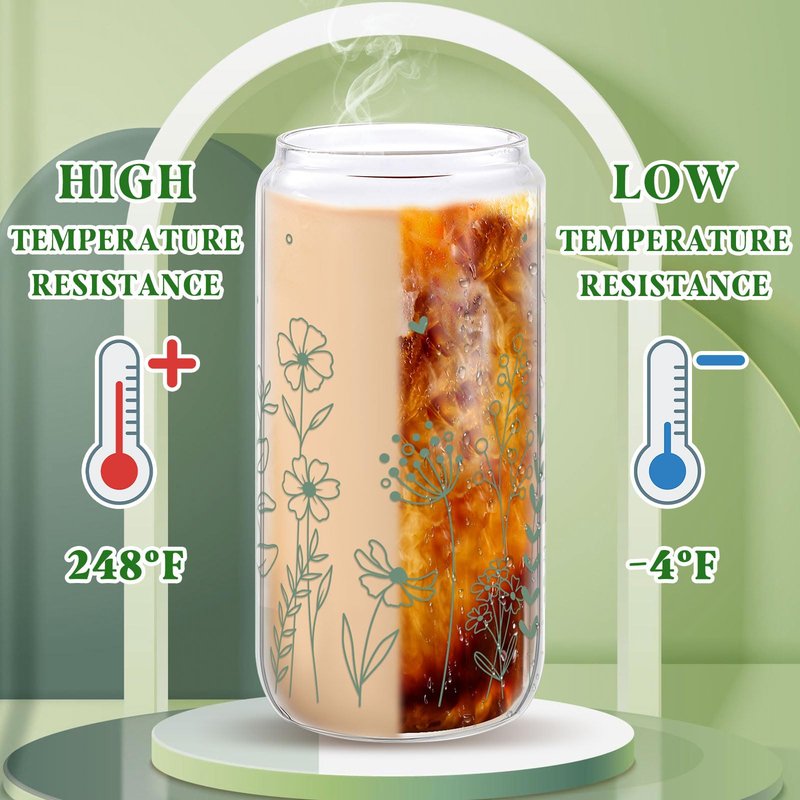 NatNarr 2 Pcs Glass Cups with Lids and Straws, Gifts for Women 16oz Sage Green Floral Glass Coffee Cups, Cute Aesthetic Glass Cup for Mothers Day Gifts Girls New Mom Birthday Baby Shower Party Gift
