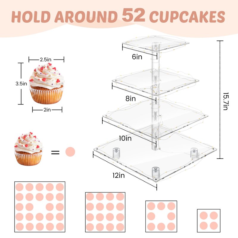 Cupcake Stand with Lights, 4 Tier Cupcake Holder, Light Up Cupcake Stand for 24 Cupcakes, Dessert Table Display Set for Weddings, Christmas, Birthday Parties (Yellow Light)