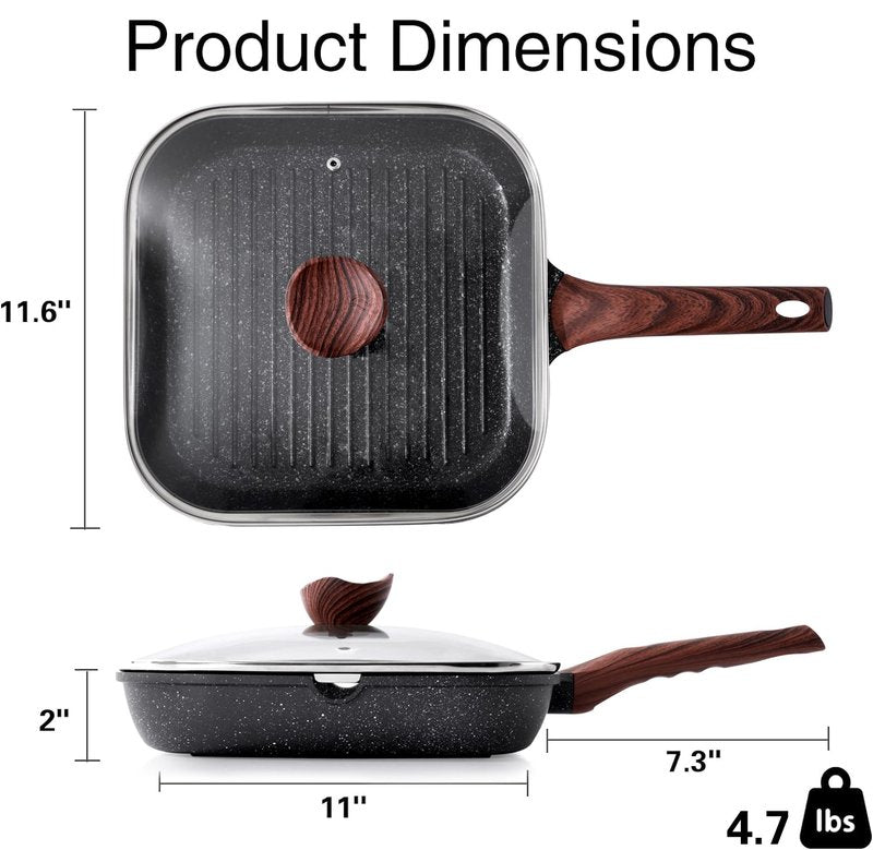 Kordisen Nonstick Grilling Pan with Lid for Stove Tops, 11 Inch Square Grill Pan for Indoor Cooking, Granite Coating Grill Skillet with Pour Spouts, Versatile Griddle, Induction Steak Pan, PFOA Free