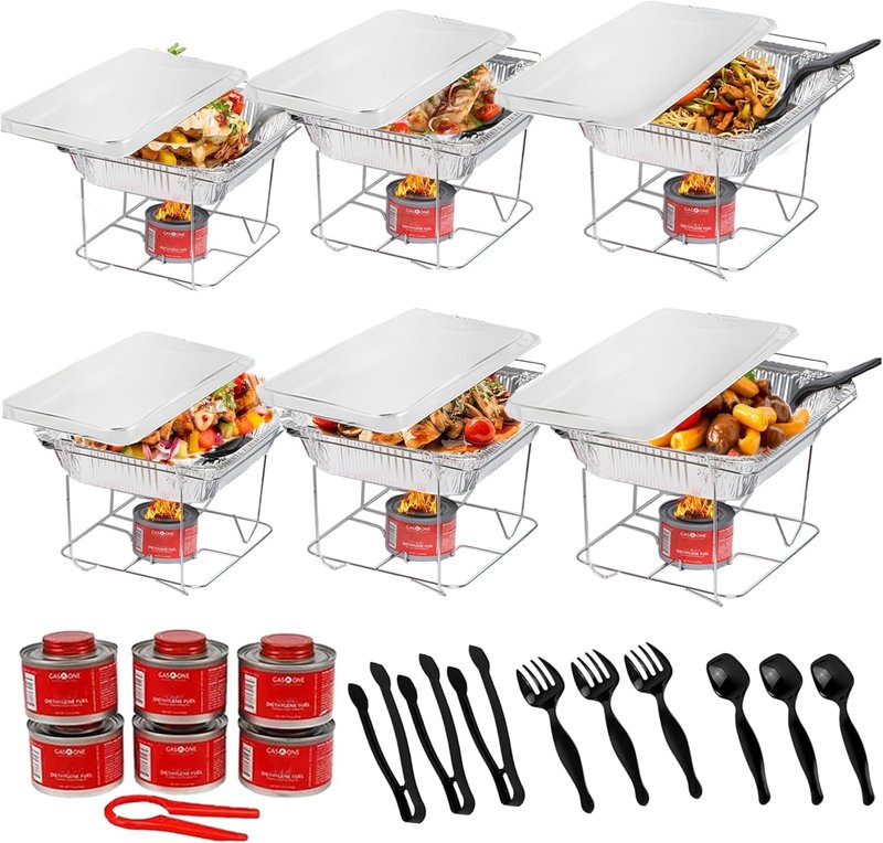 Alpha Living 6 Pack - Disposable Chafing Dish Buffet Set, Half Size Pans, Welded Body Food Warmers for Parties, Fuel Cans Complete Set, Warming Trays